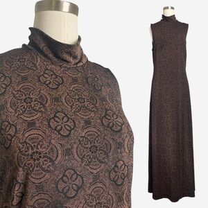 Vintage Y2K CDC Brown batik floral damask pattern mockneck slinky maxi dress M/L